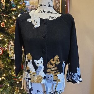 Vintage Michael Simon Black Cardigan with Cat Design